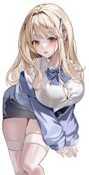 Rule 34 | 1girl, absurdres, black bra, blonde hair, blue bow, blue bowtie, blue jacket, blush, bow, bowtie, bra, bra peek, bra visible through clothes, breasts, brown eyes, cleavage, collared shirt, goddess of victory: nikke, hair intakes, hair ornament, highres, jacket, large breasts, leaning forward, long hair, looking at viewer, off-shoulder jacket, off shoulder, parted lips, partially unbuttoned, pencil skirt, puffy sleeves, shirt, simple background, skirt, sleeves past wrists, solo, strap, thighhighs, tia (nikke), underwear, uyuri (89976220), white background, white shirt, white thighhighs