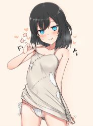 Rule 34 | 1girl, @ @, beige background, black hair, blue eyes, blush, clothes pull, cowboy shot, heart, highres, looking at viewer, nonono (mino), panties, patch, ribbon, simple background, solo, thighs, tongue, tongue out, underwear