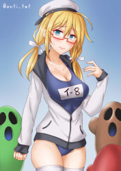 Rule 34 | 1girl, anti (untea9), blonde hair, blue background, blue eyes, breasts, collarbone, cosplay, cowboy shot, embarrassed, glasses, gradient background, hair between eyes, hat, highres, hood, hooded jacket, i-8 (kancolle), jacket, kantai collection, large breasts, long sleeves, low twintails, name tag, old school swimsuit, one-piece swimsuit, open clothes, open jacket, peaked cap, red-framed eyewear, sailor hat, school swimsuit, semi-rimless eyewear, sweatdrop, swimsuit, swimsuit under clothes, thighhighs, tri tails, twintails, under-rim eyewear, white jacket, white thighhighs, yukikaze (kancolle), yukikaze (kancolle) (cosplay)