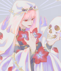 Rule 34 | 1girl, absurdres, black dress, breasts, cape, dress, ellie niunai zhuyi zhe, flower, grey background, hand on own chest, highres, holding, holding skull, hololive, hololive english, large breasts, looking down, mori calliope, open mouth, pink eyes, pink hair, plant, red flower, skull, solo, spikes, tiara, veil, vines, virtual youtuber, white cape