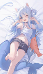 Rule 34 | 1girl, absurdres, alternate costume, animal ears, barefoot, bloop (gawr gura), blue eyes, blue hair, blue nails, cat ears, fins, fish tail, gawr gura, grey hair, highres, hololive, hololive english, looking at viewer, midori xu, midriff, multicolored hair, navel, one eye closed, open clothes, open mouth, open shirt, panties, panty peek, shark tail, sharp teeth, shorts, shrimp, smile, solo, streaked hair, striped clothes, striped panties, tail, teeth, two side up, underwear, virtual youtuber