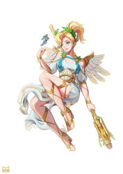 Rule 34 | 2girls, absurdres, alternate costume, ancient greek clothes, aqua eyes, armor, black hair, blonde hair, braid, breasts, collarbone, dark-skinned female, dark skin, dress, feathered wings, floating, full body, guitar, hair tubes, head wreath, heart, high ponytail, highres, holding, holding staff, instrument, laurel crown, light smile, lips, looking at another, maggie xie, mechanical wings, medium breasts, mercy (overwatch), mini person, minigirl, multiple girls, music, official alternate costume, overwatch, overwatch 1, parted lips, pelvic curtain, peplos, pharah (overwatch), pink lips, playing instrument, power armor, short hair, short sleeves, side braids, simple background, solo focus, staff, toes, toga, white background, white dress, winged victory mercy, wings