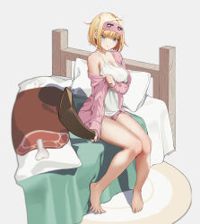 Rule 34 | 1girl, absurdres, arm under breasts, bare legs, bare shoulders, bed sheet, blonde hair, blue eyes, blunt bangs, boned meat, breasts, brown dust 2, c-eye, camisole, cardigan, cleavage, closed mouth, fingernails, food, food print, full body, hair over eyes, highres, holding, holding clothes, holding sword, holding weapon, justia (brown dust), knees together feet apart, long sleeves, looking at viewer, mask, mask on head, meat, medium breasts, messy hair, on bed, open cardigan, open clothes, pillow, pink cardigan, pink shorts, print pillow, rug, short hair, shorts, sitting, sleep mask, sleepwear, small horns, solo, spaghetti strap, sword, toenails, weapon, white camisole, wooden sword