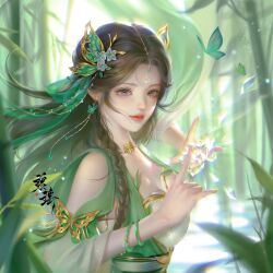 Rule 34 | 1girl, absurdres, artist request, baiguio (zhu xian), bamboo, bracelet, braid, bug, butterfly, butterfly hair ornament, clothing cutout, crystal flower, earrings, facial mark, forehead mark, grass, hair ornament, highres, insect, jewelry, long hair, necklace, sash, second-party source, shoulder cutout, smile, solo, upper body, zhu xian