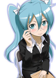 Rule 34 | 1girl, adjusting eyewear, bespectacled, blue eyes, blue hair, blush, business suit, formal, glasses, hair ribbon, hatsune miku, long hair, matching hair/eyes, ribbon, sitting, solo, suit, twintails, vocaloid, youkan