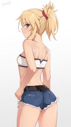 Rule 34 | 1girl, artist name, ass, back, bare arms, bare shoulders, belt, blonde hair, braid, breasts, closed mouth, cowboy shot, darahan, facing back, fate (series), french braid, green eyes, hair ornament, hair scrunchie, long hair, looking at viewer, mordred (fate), mordred (memories at trifas) (fate), ponytail, red scrunchie, scrunchie, shorts, small breasts, smile, solo