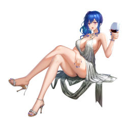 Rule 34 | 1girl, absurdres, alcohol, azur lane, backless dress, backless outfit, bare shoulders, blue hair, blue nails, commentary request, cup, dress, earrings, evening gown, full body, grey dress, hair between eyes, halter dress, halterneck, hand on own thigh, high heels, highres, holding, holding cup, hong bai, invisible chair, jewelry, nail polish, necklace, parted lips, pink eyes, plunging neckline, revealing clothes, side ponytail, sidelocks, silver dress, silver footwear, simple background, sitting, solo, st. louis (azur lane), st. louis (luxurious wheels) (azur lane), thighs, white background