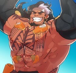 Rule 34 | 1boy, abs, bara, beard, black hair, chest tattoo, dark-skinned male, dark skin, elbow gloves, full beard, gloves, grin, huge pectorals, looking at viewer, male focus, mature male, mauga (overwatch), misterpanncake, muscular, muscular male, navel, overwatch, overwatch 2, smile, solo, strongman waist, sweat, tattoo, thick eyebrows, topless male, upper body