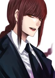 Rule 34 | 1girl, black coat, black necktie, braid, braided ponytail, chainsaw man, coat, collared shirt, formal, highres, hoshi san 3, long hair, looking at viewer, makima (chainsaw man), necktie, open mouth, red hair, ringed eyes, shirt, sidelocks, sideways glance, solo, suit, white shirt, yellow eyes
