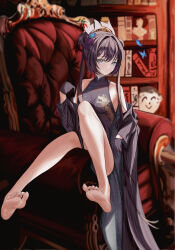 Rule 34 | 1girl, about fg, absurdres, bare legs, barefoot, black dress, black gloves, black hair, blue archive, blue eyes, breasts, china dress, chinese clothes, commentary, double bun, dress, feet, gloves, hair bun, highres, kisaki (blue archive), knee up, legs, long hair, on chair, pelvic curtain, petite, sleeveless, sleeveless dress, small breasts, soles, solo, toenails, toes, twintails