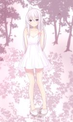 Rule 34 | 1girl, ahoge, arms behind back, bare arms, bare legs, bare shoulders, bow, breasts, cleavage, closed mouth, collarbone, dress, elaina (majo no tabitabi), full body, hair between eyes, hair bow, highres, leaf, leaf background, long hair, looking at viewer, mahdi, majo no tabitabi, no socks, pink background, pink bow, purple eyes, see-through, shoes, silver hair, small breasts, smile, solo, standing, straight hair, strapless, strapless dress, tree, very long hair, white dress, white footwear