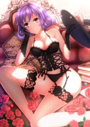 Rule 34 | 1girl, bad id, bad pixiv id, black gloves, black panties, book, book stack, bow, breasts, cleavage, corset, couch, curly hair, earrings, fishnet thighhighs, fishnets, floral print, flower, garter straps, gem, gloves, grin, hat, hat bow, unworn hat, hataraku maou-sama!, head rest, unworn headwear, highres, indoors, jewelry, lace, lace-trimmed legwear, lace trim, leaning, lingerie, long legs, looking at viewer, necklace, panties, parted lips, pearl necklace, purple eyes, purple hair, red eyes, red flower, red rose, rose, shiba miki, short hair, sitting, smile, solo, striped, swordsouls, thighhighs, underwear, underwear only