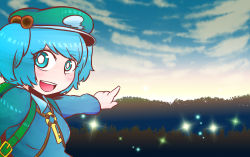 Rule 34 | 1girl, backpack, bag, blue eyes, blue hair, blush, bush, cloud, cloudy sky, dress, forest, hair bobbles, hair ornament, hat, kawashiro nitori, key, long sleeves, looking at viewer, matching hair/eyes, nature, open mouth, pointing, shirt, short hair, skirt, skirt set, sky, smile, solo, sparkle, touhou, twintails, two side up, yume giwa