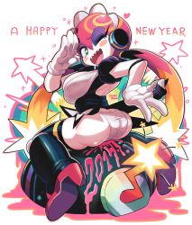 Rule 34 | 1girl, 2017, ass, black thighhighs, blush stickers, bomb, boomina, boomina the maidroid, breasts, butt crack, clothes lift, dress, dress lift, explosive, eyeshadow, gashi-gashi, gloves, gradient hair, green eyes, happy new year, large breasts, long hair, looking back, maid headdress, makeup, multicolored hair, new year, orange hair, panties, pink hair, robot ears, salute, sharp teeth, solo, star-shaped pupils, star (symbol), symbol-shaped pupils, teeth, thighhighs, twintails, underwear, v, white gloves