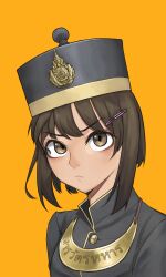 Rule 34 | 1girl, absurdres, brown eyes, brown hair, closed mouth, grey jacket, hair ornament, hairclip, hat, highres, jacket, looking at viewer, military, military police, military uniform, original, pzkpfwi, simple background, soldier, solo, thailand, uniform, upper body, yellow background