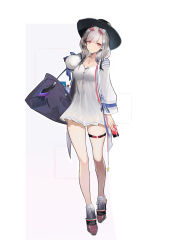 Rule 34 | 1girl, absurdres, azur lane, bag, black footwear, breasts, butterfly hair ornament, commentary, dress, dunkerque (afternoon venus) (azur lane), dunkerque (azur lane), english commentary, eyewear on head, french flag, full body, grey hair, hair ornament, high heels, highres, holding, holding bag, jacket, light smile, long hair, looking at viewer, medium breasts, official alternate costume, open clothes, open jacket, pink-tinted eyewear, purple bag, red eyes, sar (4993), short dress, simple background, solo, thigh strap, tinted eyewear, white background, white dress, white jacket