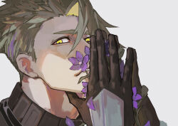 Rule 34 | 1boy, absurdres, achilles (fate), armor, black gloves, fate/apocrypha, fate (series), flower, from side, gloves, grey background, hair between eyes, haruakira, highres, holding, holding flower, looking at viewer, male focus, mature male, parted lips, petals, purple flower, simple background, solo, turtleneck, undercut, yellow eyes