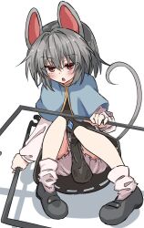 Rule 34 | animal ears, bloomers, blue capelet, capelet, dowsing rod, grey hair, jewelry, light blush, looking at viewer, mifutatsu, mouse ears, mouse girl, mouse tail, nazrin, on floor, open mouth, pendant, shadow, simple background, tail, touhou, underwear, upturned eyes, white background, white bloomers