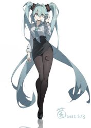 Rule 34 | 1girl, absurdres, alternate costume, black pantyhose, black skirt, blue eyes, blue hair, blue necktie, breasts, collared shirt, dated, grey shirt, hand up, hatsune miku, high-waist skirt, highres, long hair, long sleeves, looking at viewer, medium breasts, miniskirt, necktie, number tattoo, office lady, pantyhose, pocket, shirt, side slit, simple background, skirt, tattoo, tie clip, twintails, ulrica.h, very long hair, vocaloid, watch, white background, wristwatch