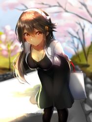 Rule 34 | 1girl, alternate costume, anchor symbol, arms behind back, bag, black dress, black hair, black pantyhose, blue sky, blurry, blurry background, blush, breasts, brown eyes, cherry blossoms, cleavage, collarbone, commentary request, day, dress, hair between eyes, hair ornament, hairband, hairclip, haruna (kancolle), highres, holding, holding bag, jacket, jewelry, kantai collection, large breasts, leaning forward, long hair, looking at viewer, necklace, open clothes, open jacket, outdoors, pantyhose, sidelocks, sky, smile, solo, swept bangs, tree, tsukui kachou, white jacket