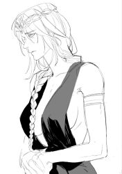 Rule 34 | 1girl, bare arms, braid, breasts, character request, cleavage, closed mouth, commentary request, dog 9uk, dress, elden ring, highres, korean commentary, large breasts, long hair, monochrome, own hands together, sideboob, single braid, sleeveless, sleeveless dress, solo, tiara, upper body