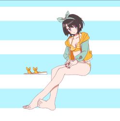 Rule 34 | 1girl, bare legs, barefoot, bikini, bikini under clothes, black hair, blue background, blue eyes, blue jacket, blush, blush stickers, breasts, cleavage, collarbone, commentary, full body, hairband, hololive, hood, hooded jacket, invisible chair, jacket, kamochomedesu, legs, looking at viewer, medium breasts, midriff, multicolored clothes, multicolored jacket, nail polish, official alternate costume, oozora subaru, oozora subaru (hololive summer 2019), orange bikini, orange jacket, parted bangs, parted lips, polka dot, polka dot hairband, red nails, sandals, short hair, simple background, sitting, solo, striped background, striped bikini, striped clothes, swimsuit, two-tone background, two-tone jacket, unworn sandals, virtual youtuber, white background