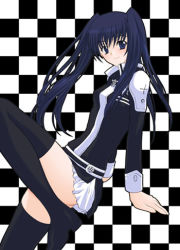 Rule 34 | 00s, 1girl, black jacket, blue eyes, boots, checkered background, cross, d.gray-man, female focus, jacket, lenalee lee, long hair, lowres, megumi ryouko, skirt, solo, thighhighs, twintails, uniform