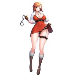 Rule 34 | 1girl, asymmetrical bangs, benevolent leanne, black panties, blush, boots, breasts, bumcha, capelet, cleavage, clothes lift, cuffs, dress, dress lift, game cg, garter belt, garter straps, green eyes, hair ornament, hairclip, handcuffs, highres, jewelry, large breasts, last origin, looking at viewer, necklace, official art, orange hair, panties, red dress, short dress, smile, solo, tachi-e, thigh strap, transparent background, underwear