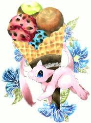 Rule 34 | animal focus, blue eyes, blue flower, creatures (company), dessert, flower, food, food focus, from side, full body, game freak, gen 1 pokemon, highres, ice cream, ice cream cone, legendary pokemon, looking at viewer, marker (medium), mew (pokemon), mofuo, mythical pokemon, nintendo, no humans, oversized food, oversized object, pawpads, pokemon, pokemon (creature), solo, traditional media, waffle cone, white background