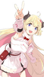 Rule 34 | 1girl, :d, ahoge, armpits, bag, blonde hair, bow, bowtie, breasts, brooch, cape, cowboy shot, detached sleeves, dress, foreshortening, fur-trimmed dress, fur-trimmed sleeves, fur trim, hair between eyes, hair ornament, hairclip, handbag, highres, hololive, horns, jewelry, long hair, looking at viewer, medium breasts, open mouth, outstretched arm, pako (pakosun), pink cape, purple eyes, red bow, red bowtie, sheep girl, sheep horns, simple background, smile, solo, teeth, tsunomaki watame, tsunomaki watame (1st costume), upper teeth only, v, virtual youtuber, white background, white dress