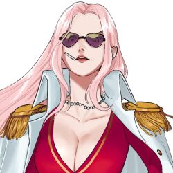 Rule 34 | 1girl, breasts, cigarette, cleavage, close-up, coat, collared coat, commentary request, epaulettes, forehead, hina (one piece), jacket, jewelry, large breasts, looking down, necklace, one piece, pink hair, red jacket, red lips, sidelocks, simple background, solo, sunglasses, v-shaped eyebrows, white background, white coat, yao yasan