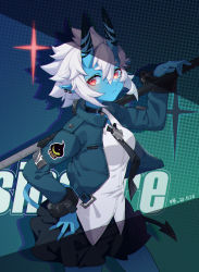 Rule 34 | 1girl, absurdres, azema, black choker, black necktie, black skirt, blouse, blue skin, breasts, character request, choker, closed mouth, colored skin, dated, ear piercing, hair between eyes, hand on own hip, highres, holding, holding weapon, horns, jacket, long sleeves, looking at viewer, medium breasts, necktie, oni horns, piercing, pointy ears, red eyes, shirt, short hair, signature, simple background, skirt, solo, soukaku (zenless zone zero), sparkle, tail, weapon, white hair, white shirt, zenless zone zero