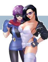 Rule 34 | 2girls, battle tendency, black hair, breasts, cleavage, cosplay, costume switch, crossover, fingerless gloves, ghost in the shell, ghost in the shell stand alone complex, gloves, jacket, jojo no kimyou na bouken, kusanagi motoko, kusanagi motoko (cosplay), large breasts, leotard, lisa lisa, mature female, multiple girls, pantyhose, purple-tinted eyewear, purple-tinted glasses, purple hair, pydiyudie, scarf, voice actor connection, strapless, strapless leotard, sunglasses, tanaka atsuko, thighhighs, tinted eyewear