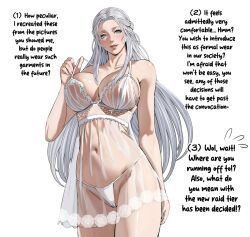 Rule 34 | 1girl, breasts, cameltoe, covered erect nipples, english text, final fantasy, final fantasy xiv, grey hair, jamjamstyle, large breasts, lingerie, long hair, looking at viewer, navel, nightgown, panties, see-through, smile, solo, stomach, strap pull, thighs, thong, underwear, venat (ff14), white panties