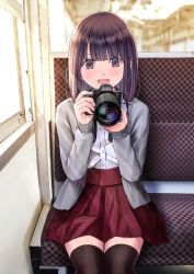 Rule 34 | 1girl, :d, black thighhighs, blurry, blurry background, brown eyes, brown hair, camera, chikuwa (odennabe), day, depth of field, dress shirt, eyebrows hidden by hair, grey jacket, hands up, holding, holding camera, jacket, long hair, long sleeves, looking at viewer, open clothes, open jacket, open mouth, pleated skirt, red skirt, seat, shirt, sitting, skirt, sleeves past wrists, smile, solo, sony, sunlight, teeth, thighhighs, upper teeth only, white shirt, window