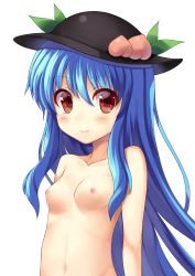Rule 34 | 1girl, bad id, bad pixiv id, blue hair, breasts, colorized, female focus, food, fruit, hat, highres, hinanawi tenshi, liong, long hair, nipples, nude, peach, ponian, red eyes, small breasts, solo, touhou