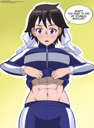 Rule 34 | 1girl, abs, absurdres, blue eyes, blush, breasts, brown hair, gym uniform, highres, josephscrand, kyochuu rettou, large breasts, matsuoka ayumi, muscular, muscular female, navel, open mouth, short hair, solo, tomboy