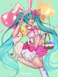 1girl animal_costume animal_ears aqua_background aqua_eyes aqua_hair balloon basket bloomers commentary detached_sleeves easter easter_egg egg english_commentary fake_animal_ears frills gloves hatsune_miku heart_balloon highres holding holding_basket long_hair looking_at_viewer midriff navel official_alternate_costume rabbit_costume rabbit_ears simple_background solo standing standing_on_one_leg star_balloon strapless tamakid tube_top twintails underwear very_long_hair vocaloid