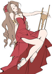 1girl absurdres aerith_gainsborough aerith_gainsborough_(red_dress) arm_behind_back armlet bare_shoulders bracelet breasts brown_hair cleavage closed_eyes dress final_fantasy final_fantasy_vii final_fantasy_vii_remake flamenco_dress flower frilled_dress frills full_body grey_footwear hair_flower hair_ornament hair_ribbon high_heels highres jewelry long_hair medium_breasts mianmian741 necklace on_chair parted_bangs red_dress red_flower red_ribbon ribbon ringlets side_slit sitting sketch solo star_(symbol) star_necklace strapless strapless_dress toeless_footwear white_background