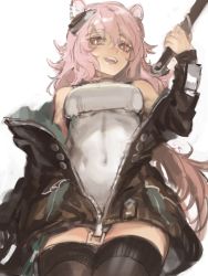 animal ear fluff, animal ears, arknights, bare shoulders, blush, dark skin, frischenq, gravel (arknights), holding, holding weapon, jacket, long hair, looking to the side, mouse ears, mouse girl, open clothes, open jacket, pink eyes, pink hair, weapon