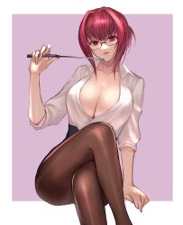Rule 34 | 1girl, alternate hairstyle, breasts, fate/grand order, fate (series), glasses, highres, large breasts, long hair, looking at viewer, pantyhose, purple hair, red eyes, ri-ko, scathach (fate), teacher, white background