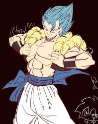 Rule 34 | 10s, 2boys, abs, arms up, baggy pants, belt, black background, blue eyes, blue hair, broly (dragon ball super), commentary request, dragon ball, dragon ball super, dragon ball super broly, dragonball z, gogeta, grabbing, grin, looking at viewer, male focus, multiple boys, muscular, nipples, open clothes, open vest, pants, parted lips, pectorals, short hair, simple background, smile, smirk, spiked hair, standing, stomach, super saiyan, super saiyan blue, topless male, translation request, upper body, v-shaped eyebrows, vest, waistcoat, white pants, wristband