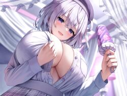 Rule 34 | 1girl, :d, asmr, bedroom, beret, blush, bow-shaped hair, breasts, curtains, desk lamp, frilled curtains, from below, ghost, ghost print, hair between eyes, half-closed eyes, hat, high-waist skirt, highres, holding, holding rattle, huge breasts, indie virtual youtuber, indoors, lamp, long sleeves, looking at viewer, naito mare (vtuber), open clothes, open mouth, open shirt, pleated skirt, purple eyes, rattle, shirt, shirt tucked in, short hair, skirt, smile, solo, superpig, taut clothes, taut shirt, tented shirt, unbuttoned skirt, underboob, virtual youtuber, white hair, white shirt, white theme
