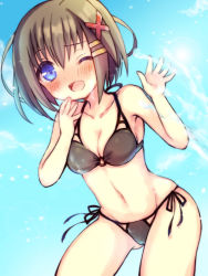 Rule 34 | 1girl, ;d, bikini, black bikini, blue sky, blush, breasts, chonkoo, clear sky, cleavage, commentary, day, hair ornament, hairclip, leaning to the side, lens flare, looking at viewer, lyrical nanoha, mahou shoujo lyrical nanoha, mahou shoujo lyrical nanoha a&#039;s, medium hair, navel, o-ring, o-ring bikini, one eye closed, open mouth, outdoors, short hair, side-tie bikini bottom, skindentation, sky, smile, solo, splashing, standing, swimsuit, x hair ornament, yagami hayate