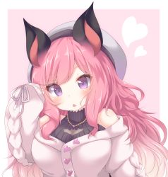 Rule 34 | 1girl, animal ears, animare, bat ears, black shirt, blush, breasts, chestnut mouth, commentary request, daidai ookami, fang, grey hat, hair ornament, hand up, hat, heart, jacket, jewelry, large breasts, long hair, long sleeves, nanashi inc., necklace, parted lips, pink background, pink hair, puffy long sleeves, puffy sleeves, purple eyes, ribbed shirt, shirt, sidelocks, sleeveless, sleeveless shirt, sleeves past wrists, solo, two-tone background, umori hinako, upper body, virtual youtuber, white background, white jacket