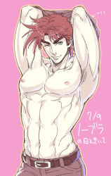 Rule 34 | 1boy, abs, arms behind head, blue eyes, brown hair, clothes lift, eyebrows, groin, jojo no kimyou na bouken, joseph joestar, joseph joestar (young), kuren, looking at viewer, male focus, muscular, navel, nipples, one eye closed, pectorals, shirt lift, topless male, solo, thick eyebrows, wink