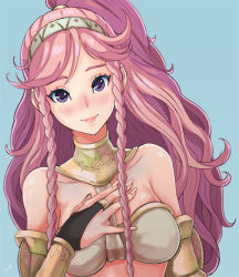 Rule 34 | 1girl, bare shoulders, blue background, blush, braid, breasts, bridal gauntlets, fire emblem, fire emblem awakening, gloves, hairband, high ponytail, lips, long hair, looking at viewer, mynare, nintendo, olivia (fire emblem), pink hair, ponytail, purple eyes, side braid, simple background, smile, solo, twin braids, upper body