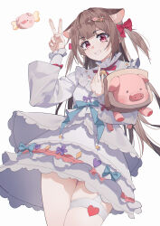 Rule 34 | 1girl, absurdres, animal, animal ears, animal hair ornament, aqua bow, bell, blush, bow, bread, bread slice, breasts, brown hair, center-flap bangs, cowboy shot, dress, dress bow, food, grey background, hair bow, hair ornament, hairclip, hand up, highres, holding, holding animal, in bread, layered skirt, layered sleeves, long hair, long sleeves, looking at viewer, neck bell, neck ribbon, original, pig, pugongying, purple bow, red bow, red eyes, red ribbon, ribbon, simple background, skindentation, skirt, small breasts, smile, solo, thigh strap, thighs, two side up, v, waist bow, white dress