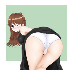 Rule 34 | 1girl, ass, bad deviantart id, bad id, bent over, black dress, blue eyes, blush, breasts, brown hair, cameltoe, cleft of venus, closed mouth, clothes lift, creatures (company), crotch seam, dress, dress lift, game freak, green (pokemon), green background, keshigomu, long hair, looking back, medium breasts, nintendo, one eye closed, panties, pokemon, pokemon adventures, pussy, raised eyebrows, simple background, smile, solo, two-tone background, underwear, white background, white panties