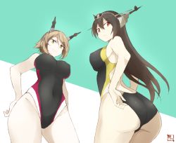 Rule 34 | 10s, 2girls, adjusting clothes, adjusting swimsuit, ass, bad id, bad twitter id, black hair, breasts, brown hair, competition swimsuit, covered navel, curvy, green eyes, headgear, kantai collection, large breasts, long hair, looking at viewer, multiple girls, mutsu (kancolle), nagato (kancolle), one-piece swimsuit, red eyes, shigino sohuzi, short hair, simple background, smile, swimsuit, wide hips